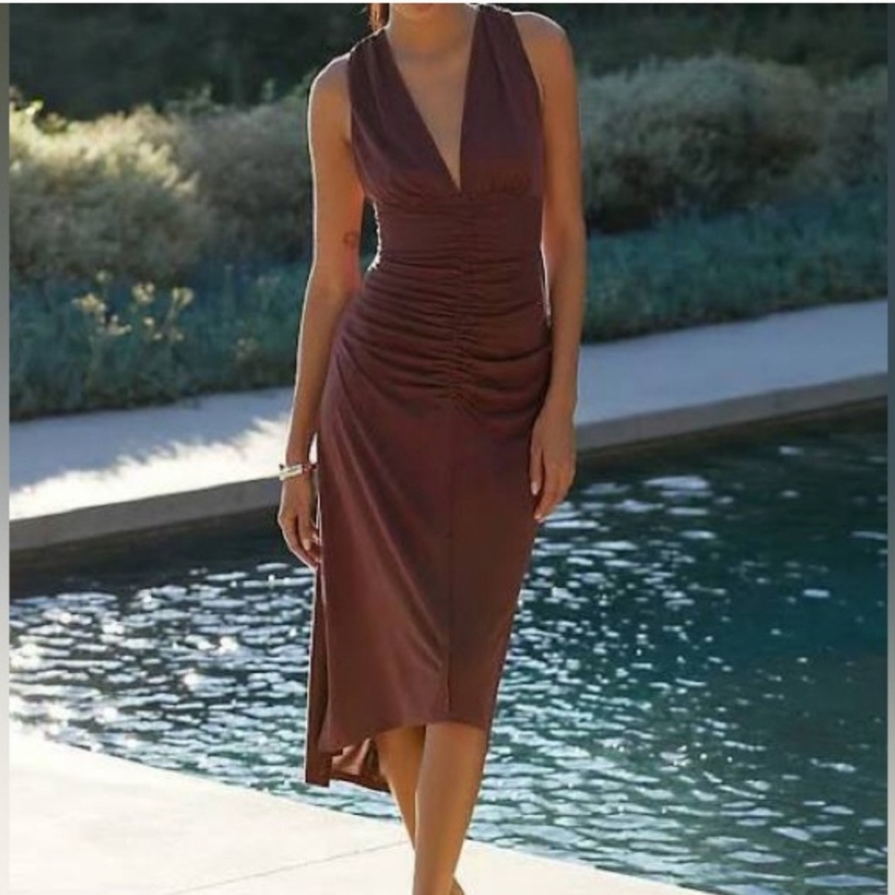 Anthropologie Brown Ruched V-Neck Sleeveless Midi Dress